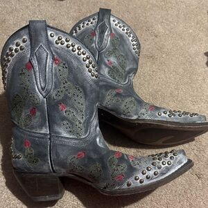 Corral Gray Studded Cactus Embroidered Ankle Boots with Pink Accents